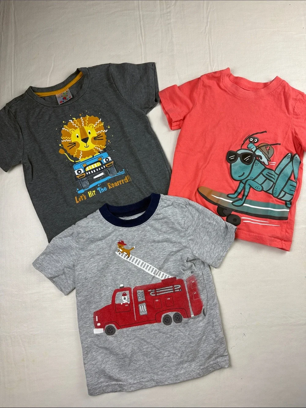 Boys Graphic Tee Bundle Lion, Skateboard Grasshopper Dog Cat Fire Truck 2T